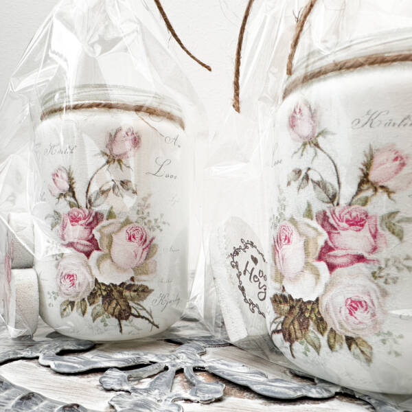 Teelichtglas mit Herz Rosenmotiv