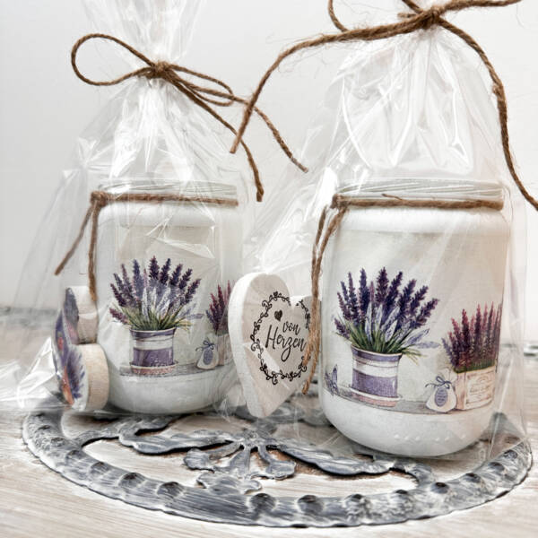 Teelichtglas mit Herz Lavendel